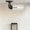 Black 1 Light Semi-Flush Mount Aged Steel and Glass Pipe Semi Mount Lighting for Living Room