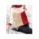 Fashion Unique Colorblock Print Mock Neck Drop Sleeve Sweater for Women