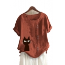 Cute Cartoon Cat Printed Button Embellished Round Neck Short Sleeve Linen Loose Tee