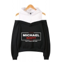 Stylish Letter Michael Scott Print Cold Shoulder Long Sleeve Casual Loose Pullover Hoodie