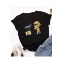 MUMMY Letter Alien Printed Round Neck Short Sleeve Casual Loose Summer T-Shirt