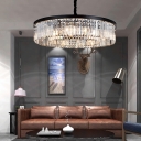 2-Tier Drum Lighting Fixture Modern Crystal Metal 4/8/12 Heads Hanging Pendant Lights in Black for Bedroom