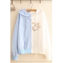 Cute Rabbit Letter Embroidered Color Block Long Sleeve Hoodie For Girls