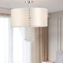 Modern Drum Semi Flush Ceiling Light with White Fabric Shade and Crystal Accents 5 Lights Ceiling Lamp in Chrome
