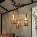 Hand Woven Rope Hanging Pendant Lights Rustic Iron 3-Light Caged Hanging Lamps for Living Room
