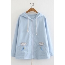 Cartoon Cat And Fish Embroidered Long Sleeve Zip UP Coat For Girls