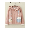 Students Cute Cartoon Rabbit Embroidered Loose Casual Hooded Jacket Coat