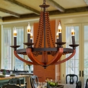Rust Candle Chandelier with Wooden Bead Country Style Metal 6 Light Hanging Pendant Light