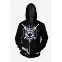 Black Sword Skull Printed Long Sleeve Zip Up Loose Relaxed Hoodie