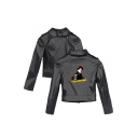 Popular Figure Printed Lapel Collar Black Zip Up PU Crop Biker Jacket