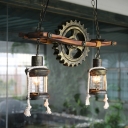 Gear Hanging Pendant Lights Rustic Wood and Metal 2 Heads Hanging Pendant Light for Living Room Bedroom