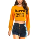 Popular Arrow Letter HIPPIE SOUL Printed Round Neck Long Sleeve Orange Crop Sweatshirt