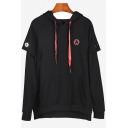 Mens Cool Fashion Rocket Badge Patched Long Sleeve Fake Two-Piece Black Casual Loose Hoodie