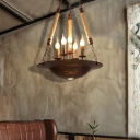 Rustic 5 Light Candle Hanging Pendant Lights Rope and Iron Chain Hung Pendant in Rust for Indoor