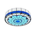 Mediterranean Style Blue Stained Glass Large Size Ceiling Light Featuring Lily Pattern