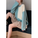 Ladies Off-Duty Colorblock Print Round Neck Drop Sleeve Shaggy Sweater