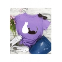 Cute Cartoon Cat Printed Round Neck Short Sleeve Casual Leisure T-Shirt