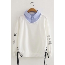 Fake Two Piece Lapel Collar Cat Letter Print Long Sleeve Tie Side White Pullover Sweatshirt