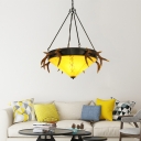 Traditional White/Yellow Hanging Light Cone Shade 3 Heads Glass Pendant Lamp with Antlers for Villa