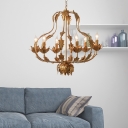 Vintage Candle Pendant Light with Leaf Decoration 6 Lights Metallic Gold Hanging Lamp