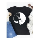 Cute Black and White Cat Printed Round Neck Short Sleeve Cotton Loose Tee