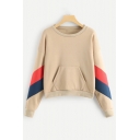 Simple Striped Long Sleeve Round Neck Apricot Pullover Sweatshirt