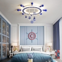 Ship Steering Wheel Flush Ceiling Lights Blue and White Acrylic 1 Light Flush Mount Light with Cute Pendants