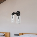 Pipe Sconce Lighting Fixtures Antique Iron and Glass 2 Lights Sconce Lamp in Black for Corridor