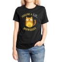 FEELING A LITTLE DISTRESSED Letter Cartoon Cat Printed Round Neck Short Sleeve T-Shirt