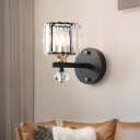 Crystal Cylinder Wall Sconce Light Modern Metal 1 Head Wall Lamp Sconce in Black for Indoor