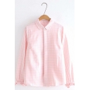 Plaid Printed Lapel Collar Long Sleeve Button Front Shirt For Girls