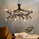 Rustic Exposed Bulb Pendant Light with Antler Design Resin 18 Lights Black Chandelier