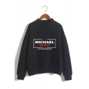 Fashion Letter Michael Scott Printed Mock Neck Long Sleeve Pullover Sweatshirt