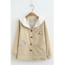 Students Cute Cartoon Cat Embroidered Peter Pan Collar Loose Casual Hooded Jacket Coat