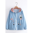 Cute Rabbit Embroidered Patchwork Plaid Hooded Long Sleeve Zip Up Denim Coat with Pockets