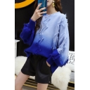 Ladies Fashion Blue Ombre Print Tassel Round Neck Bloom Sleeve Knitwear Sweater