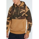 Mens New Fashion Camouflage Patched  Long Sleeve Casual Pullover Drawstring Hoodie