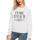 Creative Cat Letter Print Round Neck Long Sleeve Plain Pullover Sweatshirt