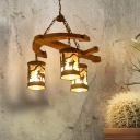 Triple Light Cylinder Pendant Lamp with Wooden Anchor Accents Loft Style Fabric Hanging Chandelier in Rust