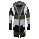 Casual Color Block Panel Open Front Hooded Longline Knitted Cardigan Coat