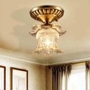 Clear Ribbed Glass Lotus Ceiling Light 1 Light Vintage Semi Flush Ceiling Lamp in Brass