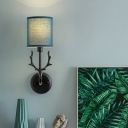 Rustic Cylinder Sconce Light with Antler 1 Light White/Blue Fabric Wall Mount Light in Black/White