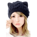 Ladies Winter Warm Plain Cat Ear Cable Knitted Hat