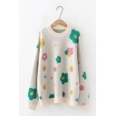 Sweet Style Floral Printed Round Neck Long Sleeve Oversized Sweater