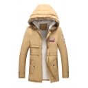 Mens Sherpa Lined Fur-Trimmed Hood Applique Embellished Zip Up Longline Down Coat