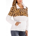 New Trendy Leopard Print Half-Zip Stand Collar Long Sleeve Color Block Fluffy Teddy Pullover Sweatshirt With Pocket
