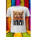 Casual Letter WHAT ARE YOU DOING Cat Pattern Print Short Sleeve White T-Shirt