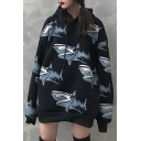 Unique Creative Shark Print Long Sleeve Loose Unisex Drawstring Hoodie