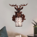 1 Light Cylinder Wall Mount Light with Deer Country Style Metal Wall Sconce for Corridor