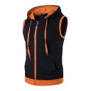 Mens Stylish Contrast Color Sleeveless Zipper Casual Hooded Vest Hoodie with Pocket